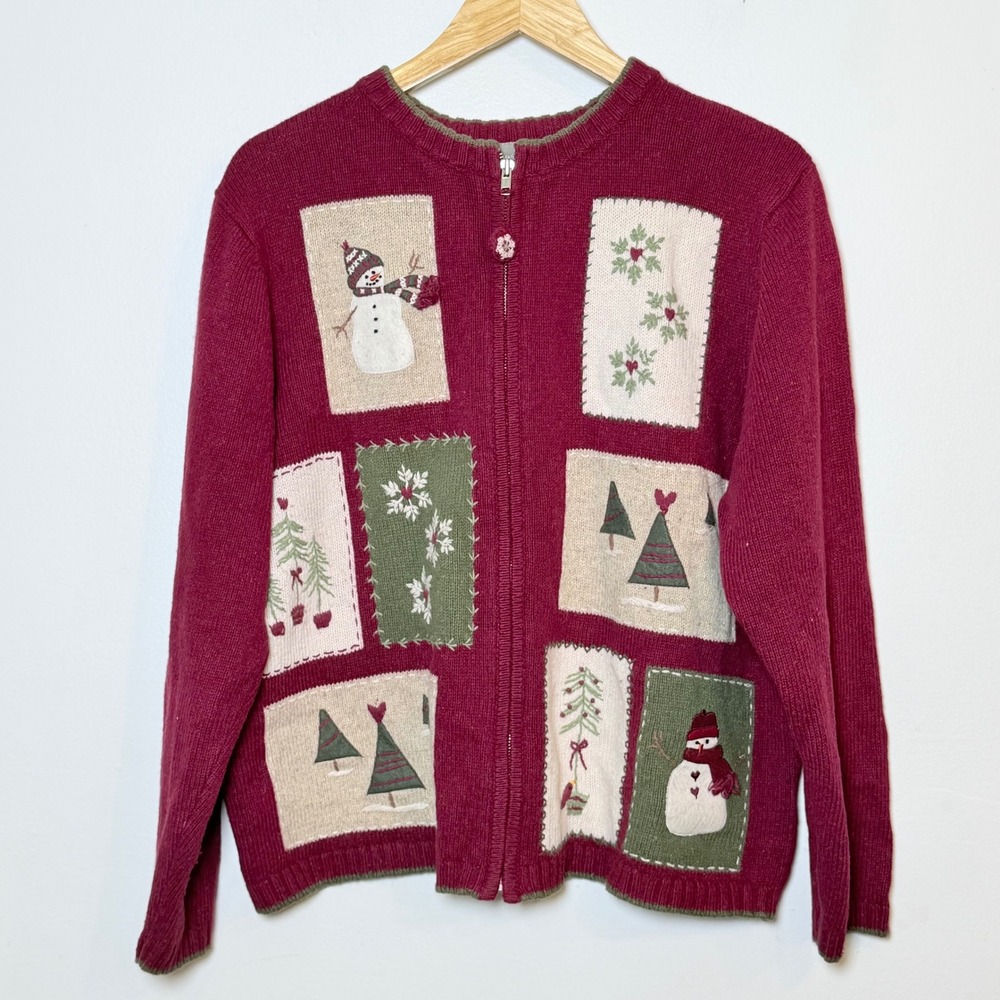 Christmas Sweater Angora Wool Patchwork Zipper Cardigan Snowman Christmas XL VTG